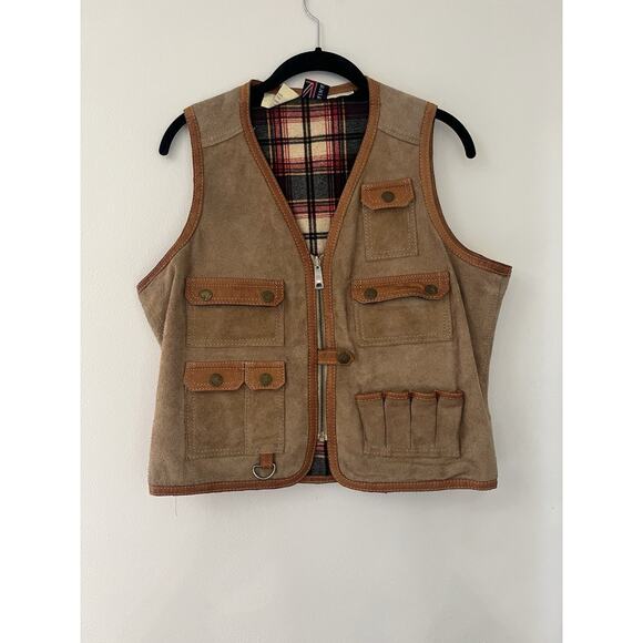 VTG Brittania Leather Suede Cargo Safari Utility Hunting Western Vest Flannel L - Picture 1 of 8